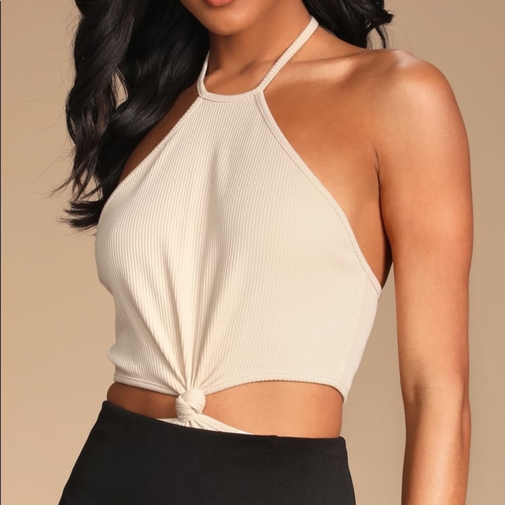 NEW Cream Ribbed Knot-Front Halter Bodysuit - Picture 5 of 6